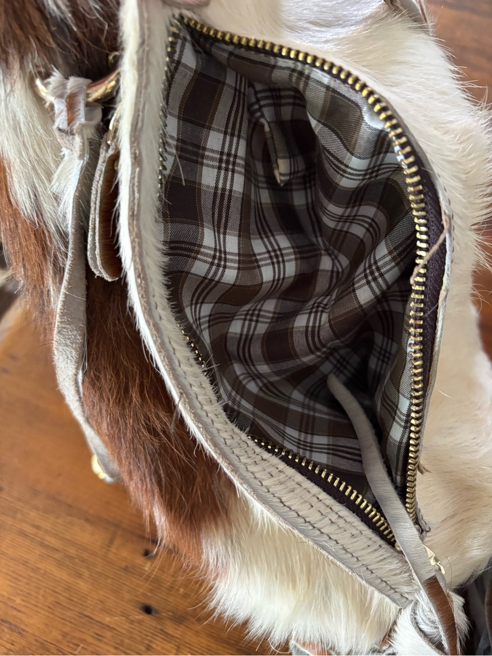 Charlie Leather Genuine Hair-on-Hide Cowhide Fringe Shoulder Bag Brown White - Picture 10 of 14